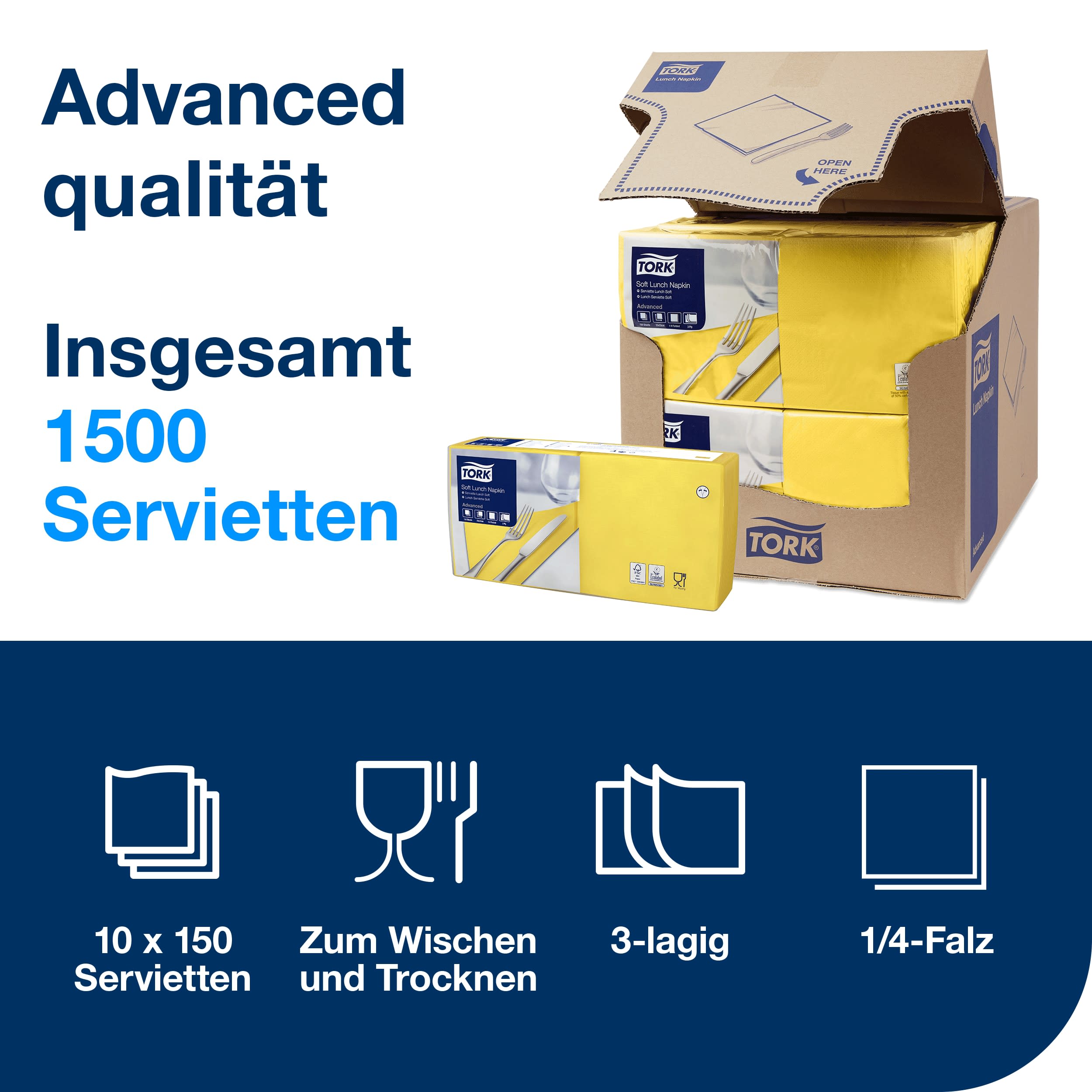 Tork Lunchservietten gelb 3lg 33cm 1/4F